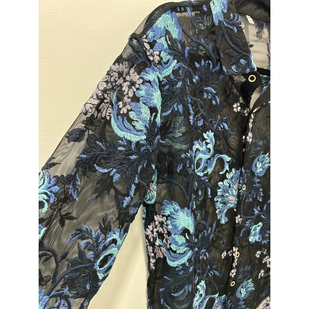 Sheer Black Mesh Floral Embroidered Button Down Shirt Blue Teal Top XL - Picture 3 of 9